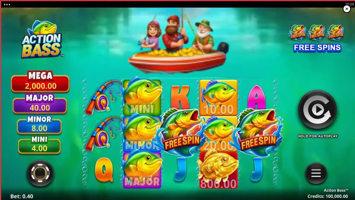 Tampilan visual slot Action Bass dengan tema memancing dan perahu penuh koin
