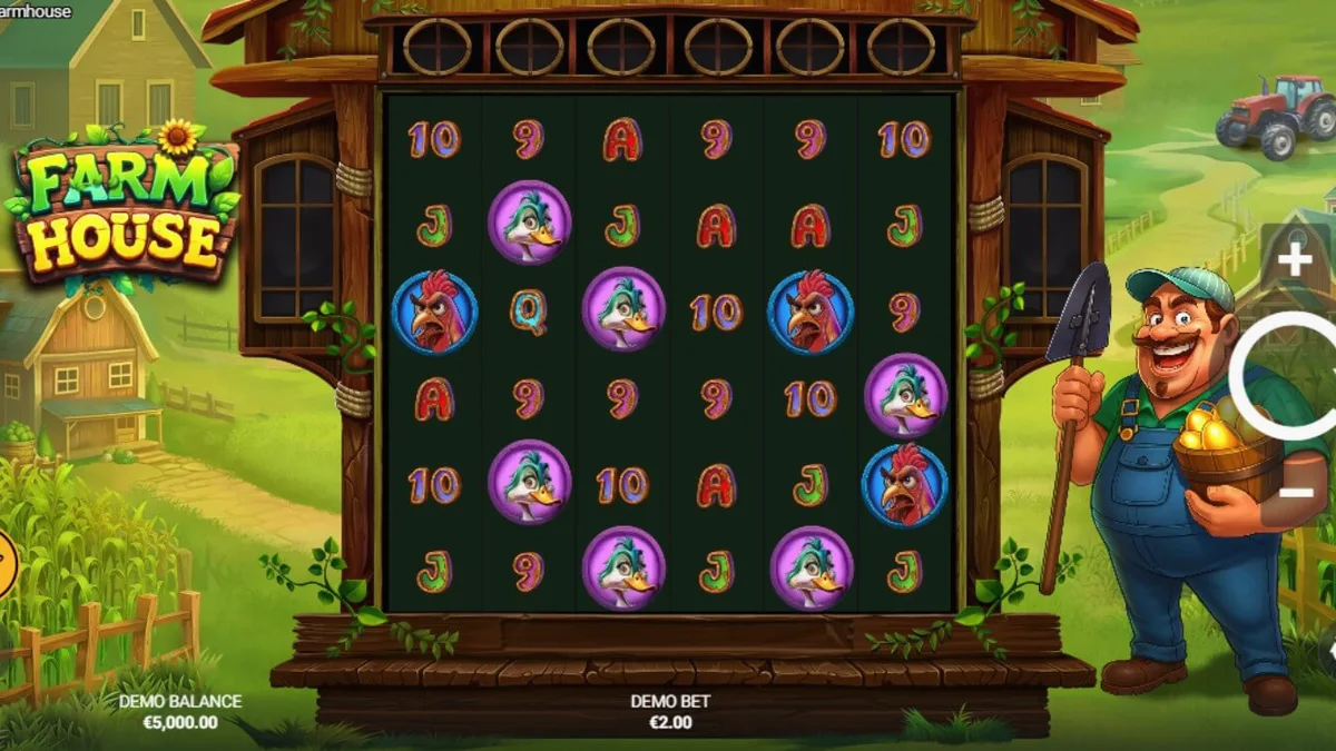 Tampilan visual slot Farm House dengan tema pedesaan dan hewan ternak