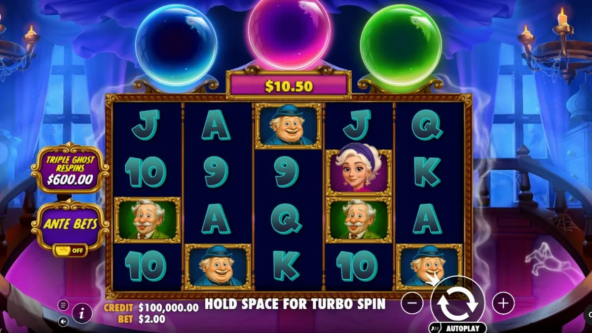 Tampilan visual slot Great Ghosts dengan tema rumah hantu kartun